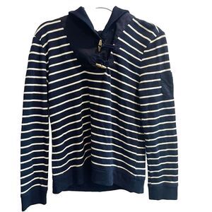 Ralph Lauren Women Navy White Sweater L Striped Cowl Long Sleeve Preppy Nautical